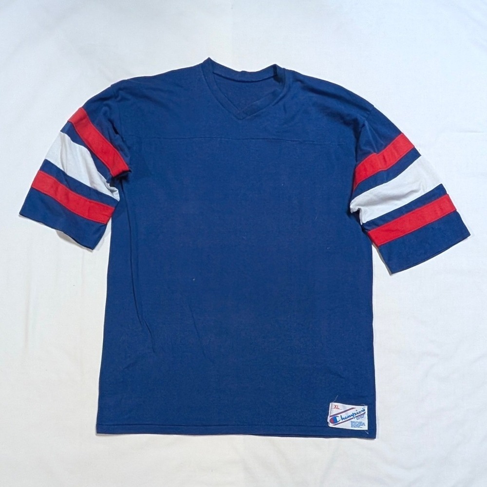 Vintage Champion 80s Football Jersey Navy Blue Red White Striped Sleeve XL Mens
